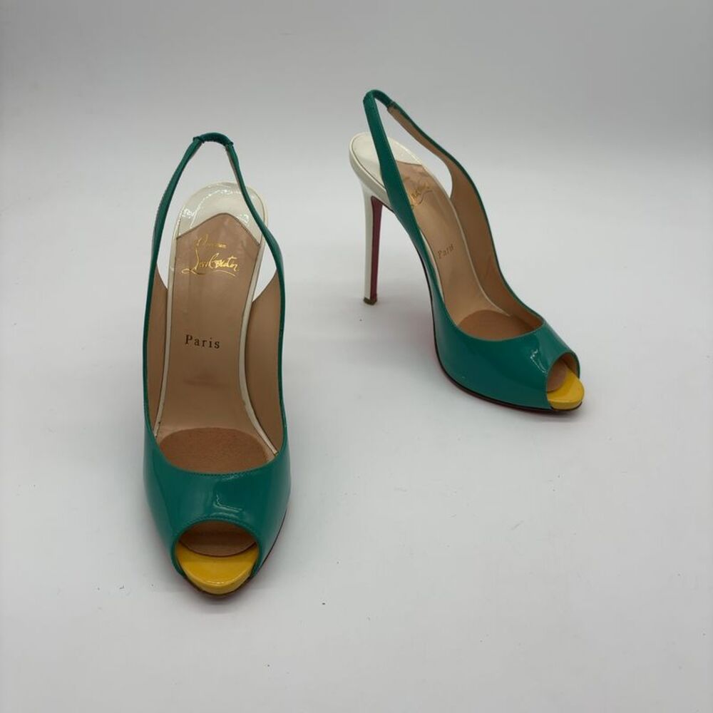 Christian Louboutin Teal and Yellow Patent Leather Peep-Toe Slingbacks